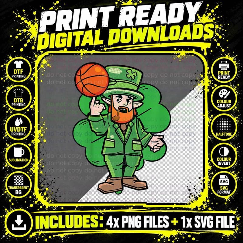 Kids Leprechaun St Patricks Day Cool Basketball Clover Png SVG Digital Bundle