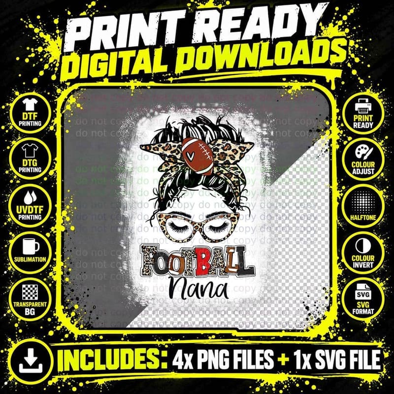 Leopard Messy Bun Nana Life Football Mama Mor Day T-Shirt Png SVG Digital Bundle