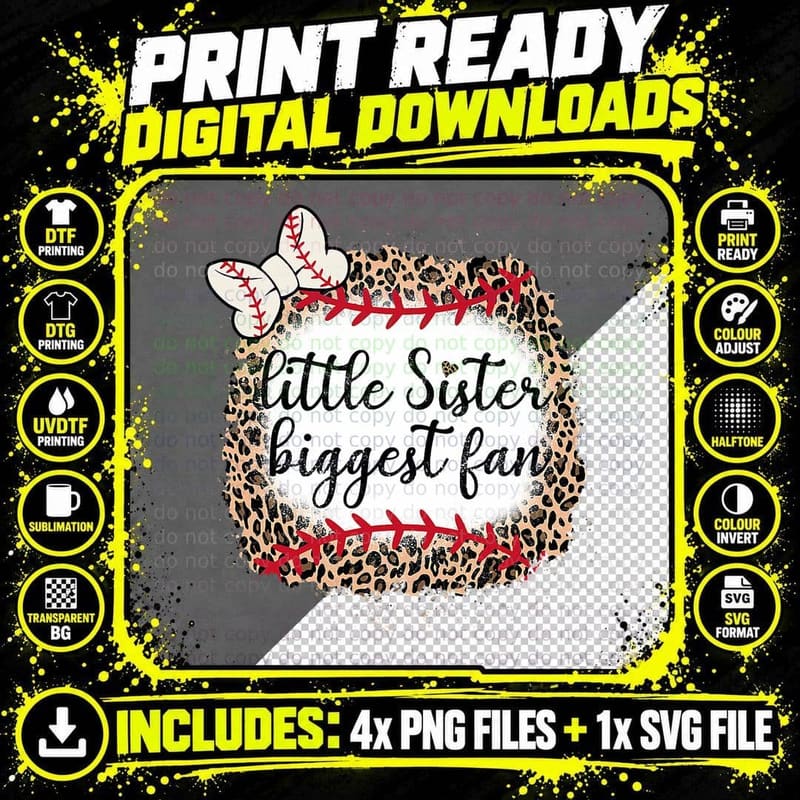 Leopard Print Baseball Little Sister Biggest Fan Ball Png SVG Digital Bundle