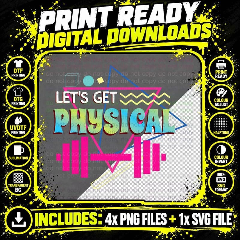 Lets Get Physical Totally Rad 90s Style Workout Gym Png SVG Digital Bundle