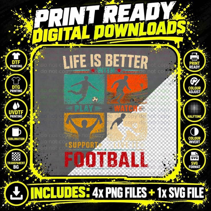 Life Is Better with Football Soccer Player Vintage Png SVG Digital Bundle