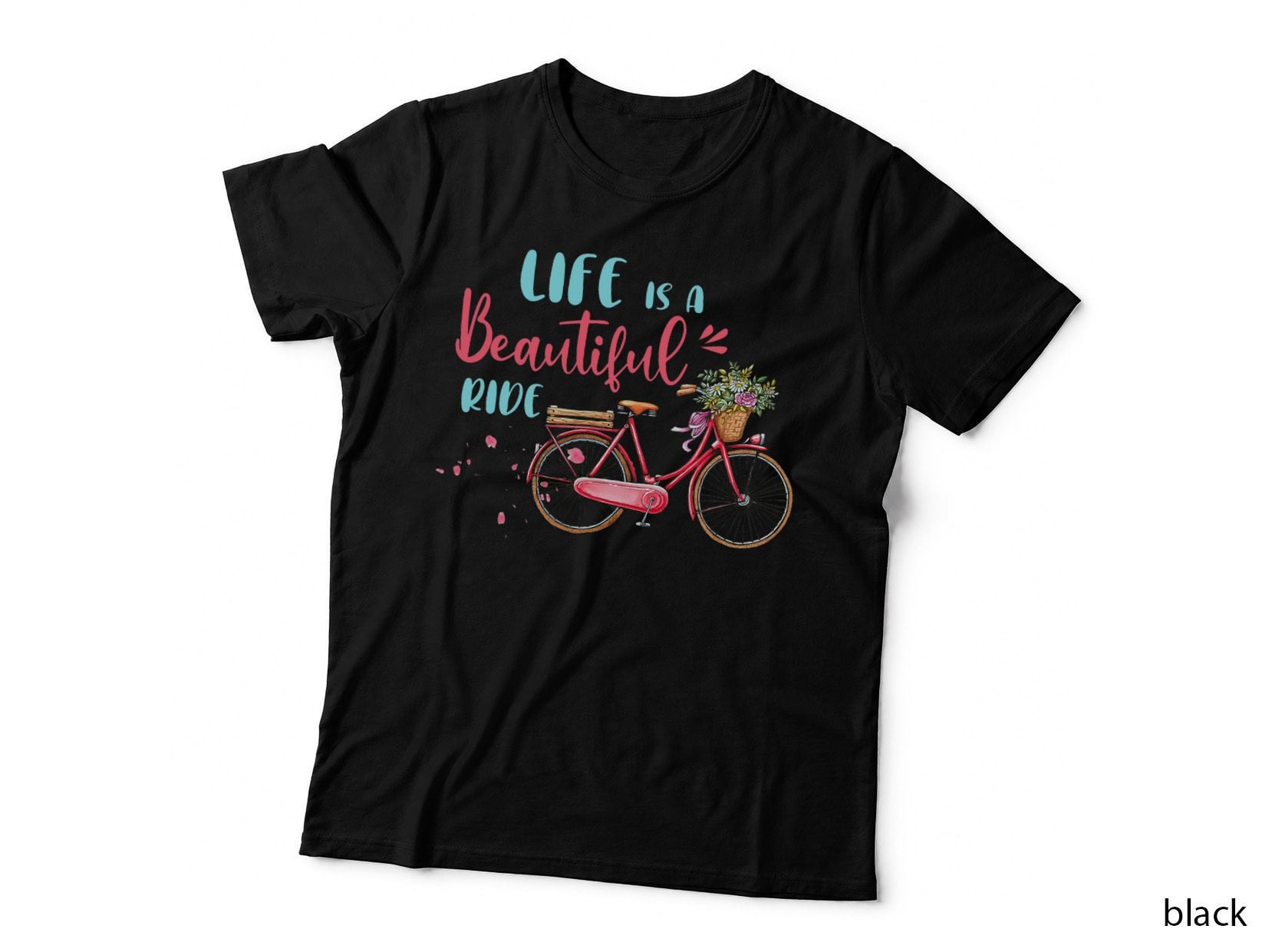 Life Is a Ride Cycling T-Shirt, Watercolour Bicycle, Flower Basket