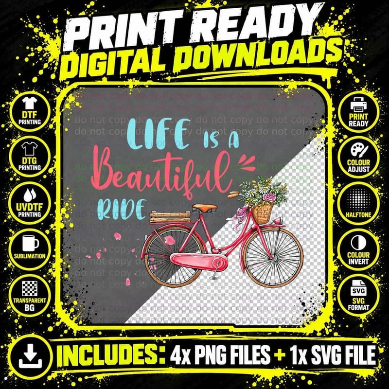 Life Is a Ride Cycling T-Shirt, Watercolour Bicycle Png SVG Digital Bundle