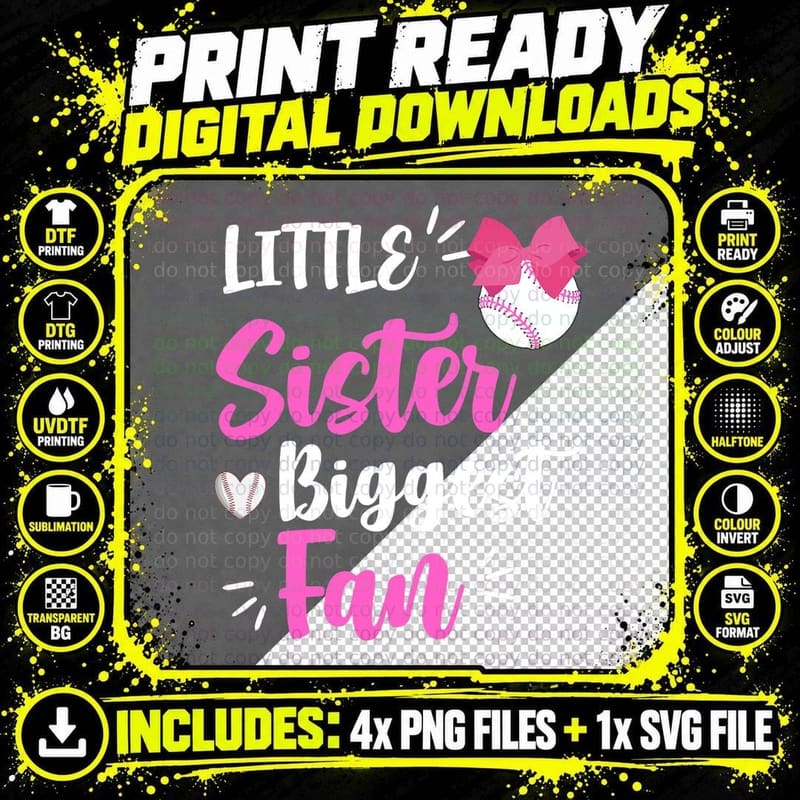 Little Sister Biggest Fan Baseball Season T-Shirt Png SVG Digital Bundle