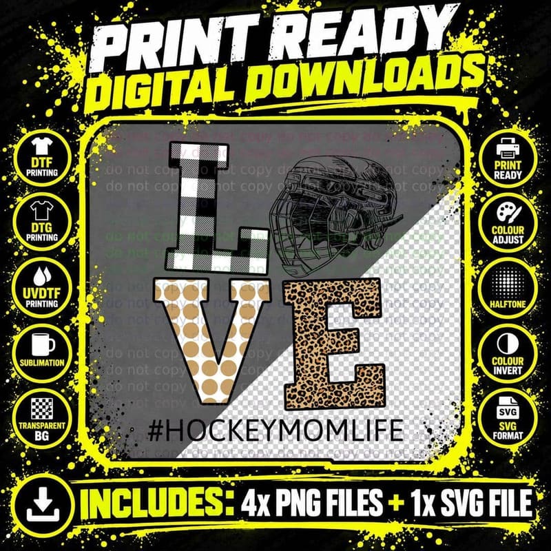 Love Hockey Mom Life, Buffalo Plaid & Leopard Print Png SVG Digital Bundle