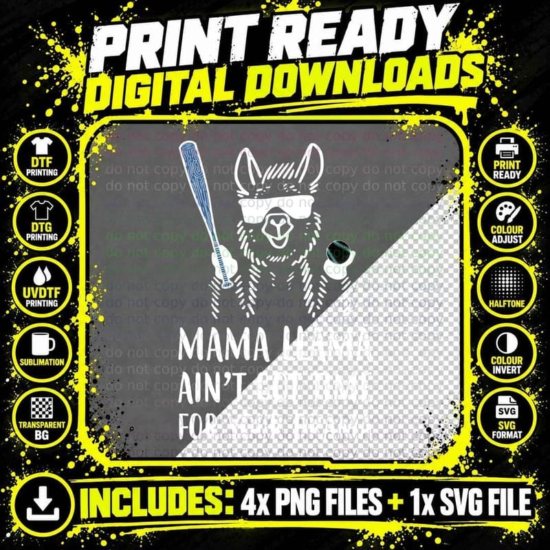 Mama Llama Baseball T-Shirt, Funny Sarcasm Png SVG Digital Bundle