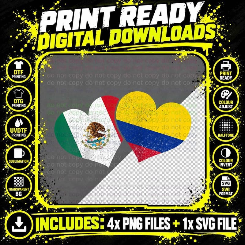 Mexico Colombia Hearts Mexican Colombian Flag Pride Gift Png SVG Digital Bundle