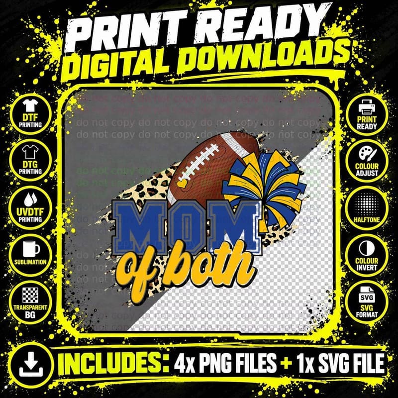 Mom of Both Football and Cheer Leopard Blue Gold T-Shirt Png SVG Digital Bundle
