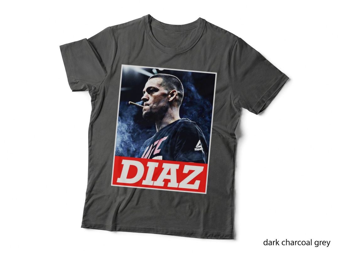 Nate Diaz Fighter Portrait T-Shirt, Smoky Atmosphere, Bold Red Banner