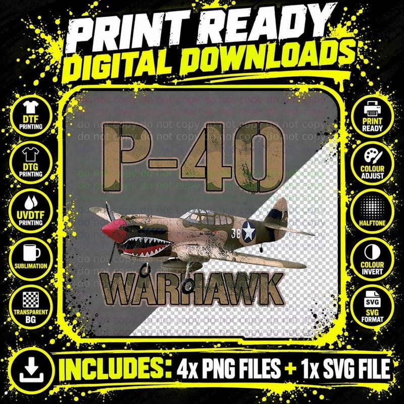 P-40 Warhawk WWII Fighter Tee, Military Aircraft Print Png SVG Digital Bundle