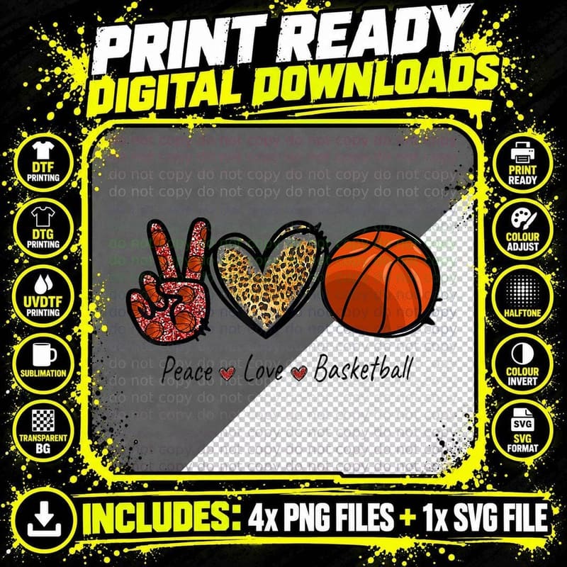 Peace Love Basketball Mom Leopard Print Cheetah Pattern Png SVG Digital Bundle