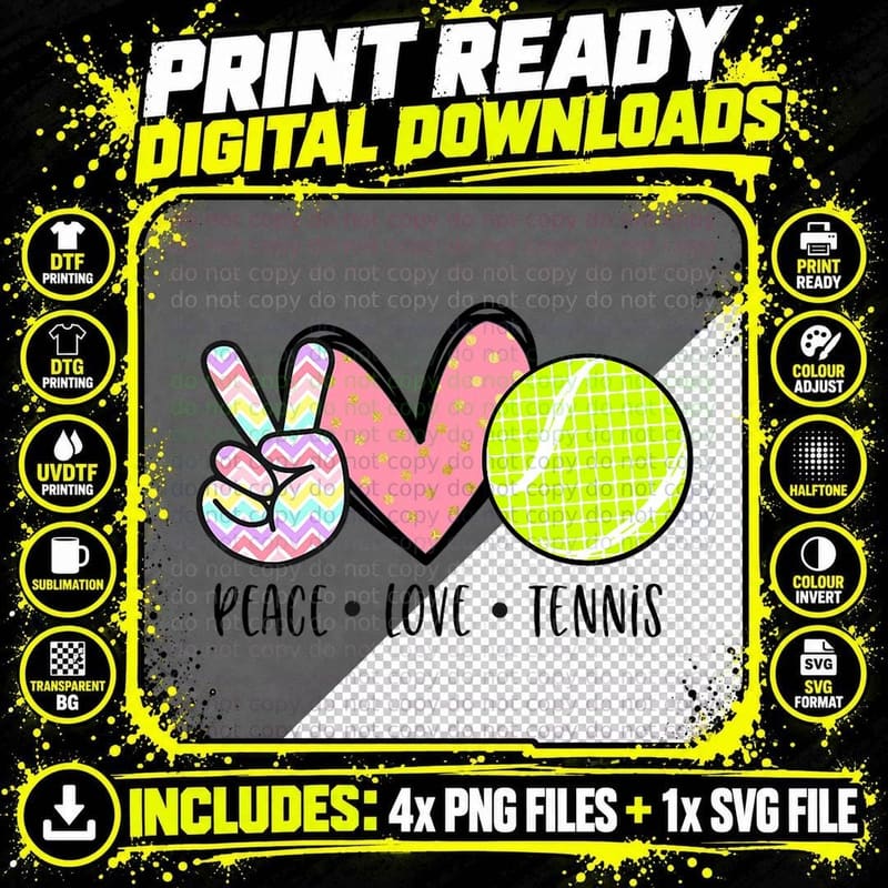 Peace Love Tennis Cute Design for Women Teen Little Girl Png SVG Digital Bundle