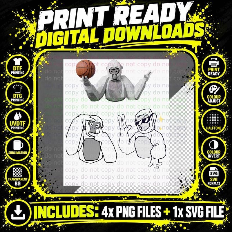 Pixel Gorilla Basketball, Sketch Doodle Trio Png SVG Digital Bundle