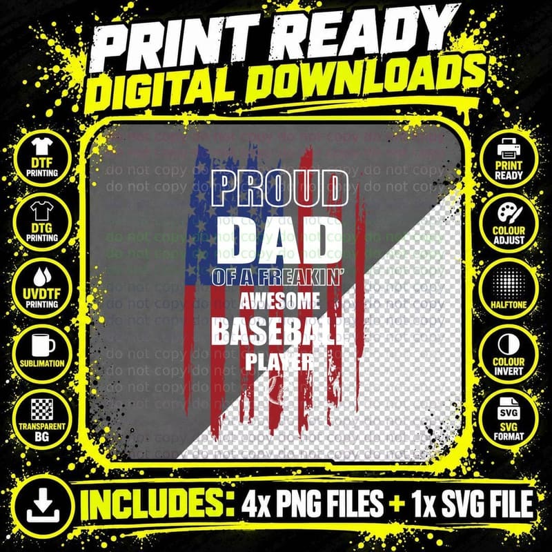 Proud Baseball Dad T-Shirt, Patriotic Baseball Print Png SVG Digital Bundle