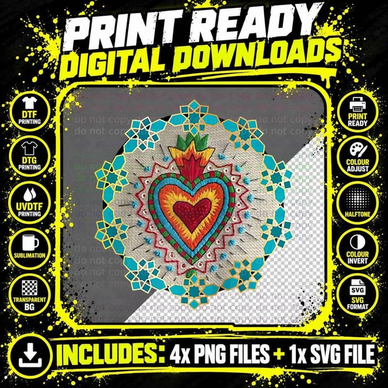 RETRO Sacred Heart Mexican Folk Art TOPS Sagrado Png SVG Digital Bundle