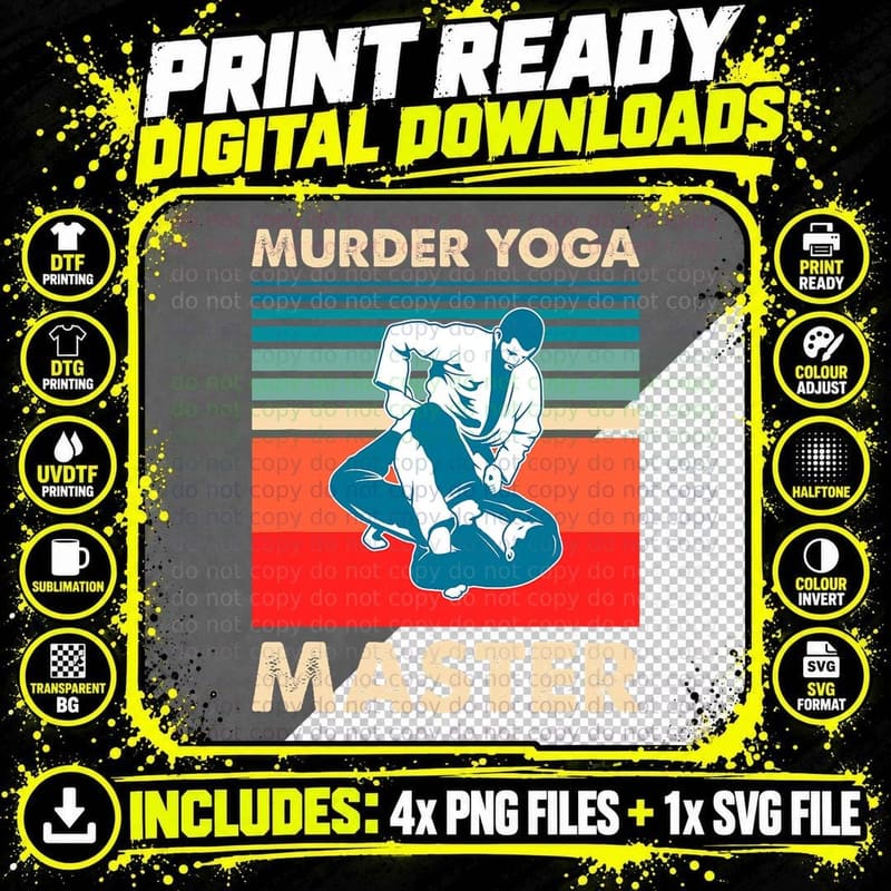 Retro Murder Yoga Master Brazilian Jiu Jitsu Funny BJJ Png SVG Digital Bundle