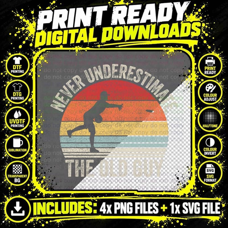 Retro Never Underestimate the Old Guy Funny Disc Golf Png SVG Digital Bundle