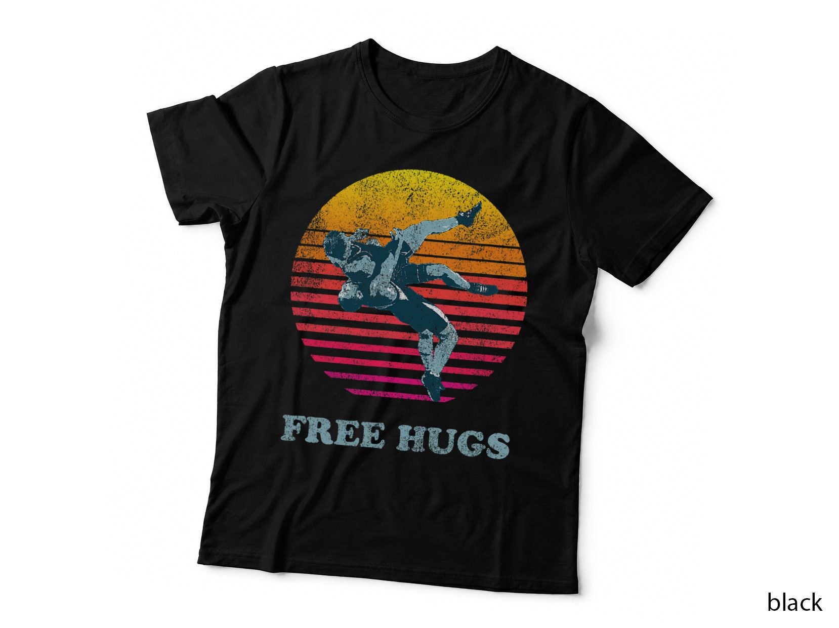 Retro Vintage Faded Cracked 70 80s Style Free Hugs Wrestling T-Shirt