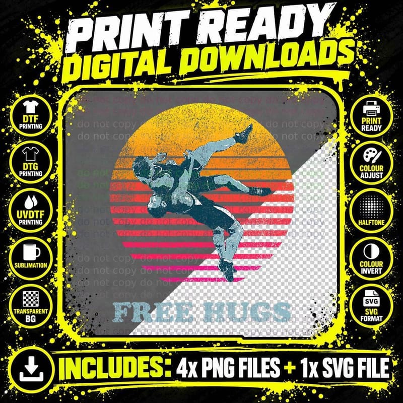 Retro Vintage Faded Cracked 70 80s Style Free Hugs Png SVG Digital Bundle