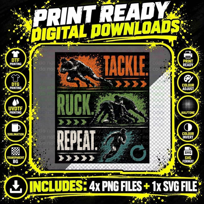 Rugby T-Shirt, Tackle Ruck Repeat Action Sports Halftone Png SVG Digital Bundle
