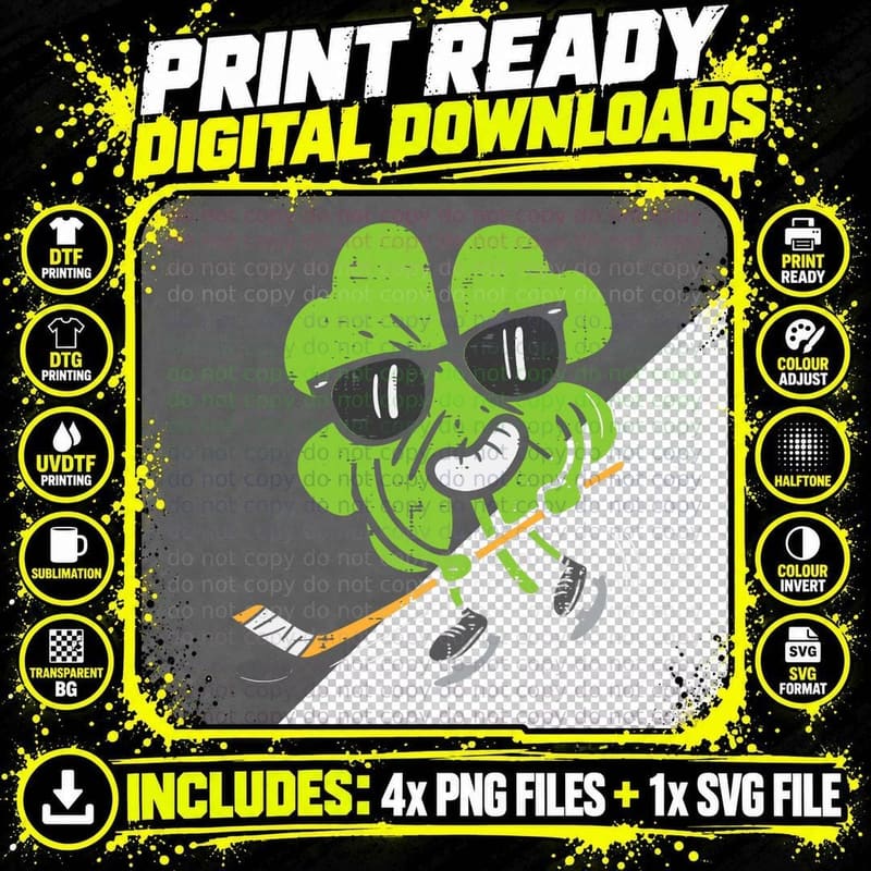 Shamrock Playing Ice Hockey St Patricks Day Men Boys Png SVG Digital Bundle