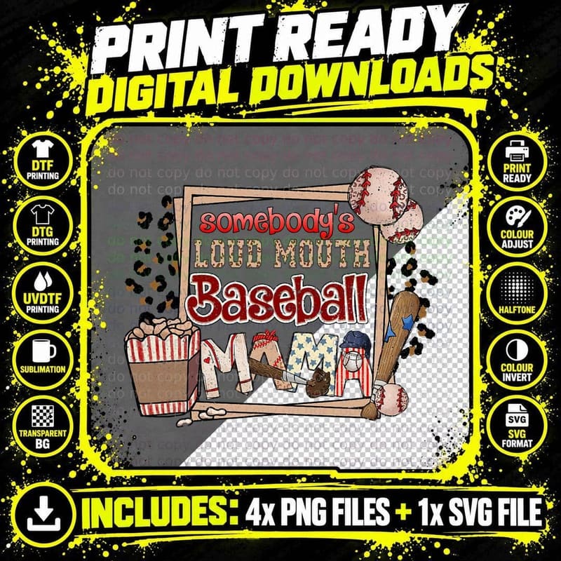 Somebody's Loud Mouth Baseball Mama, Popcorn Bat Ball Png SVG Digital Bundle