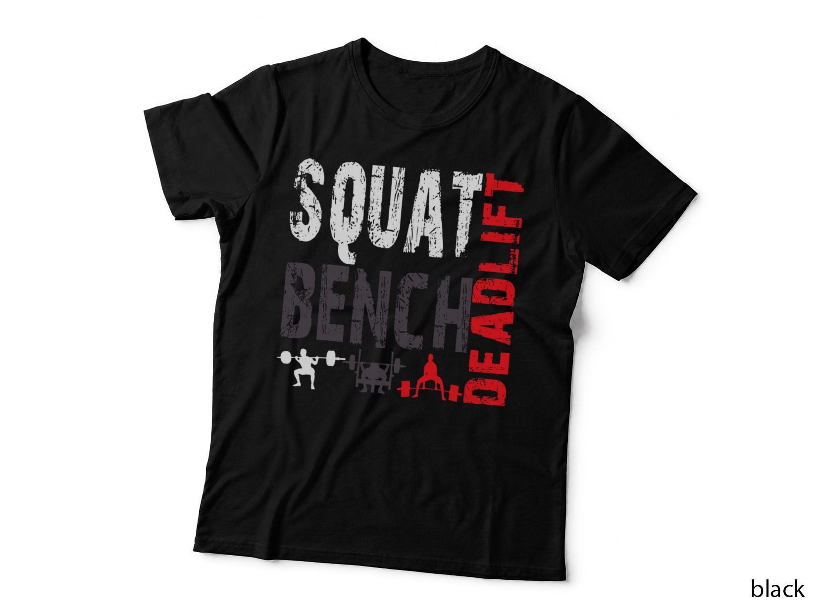 Squat Bench Deadlift Powerlifting T-Shirt, Bold Text Gym Silhouettes