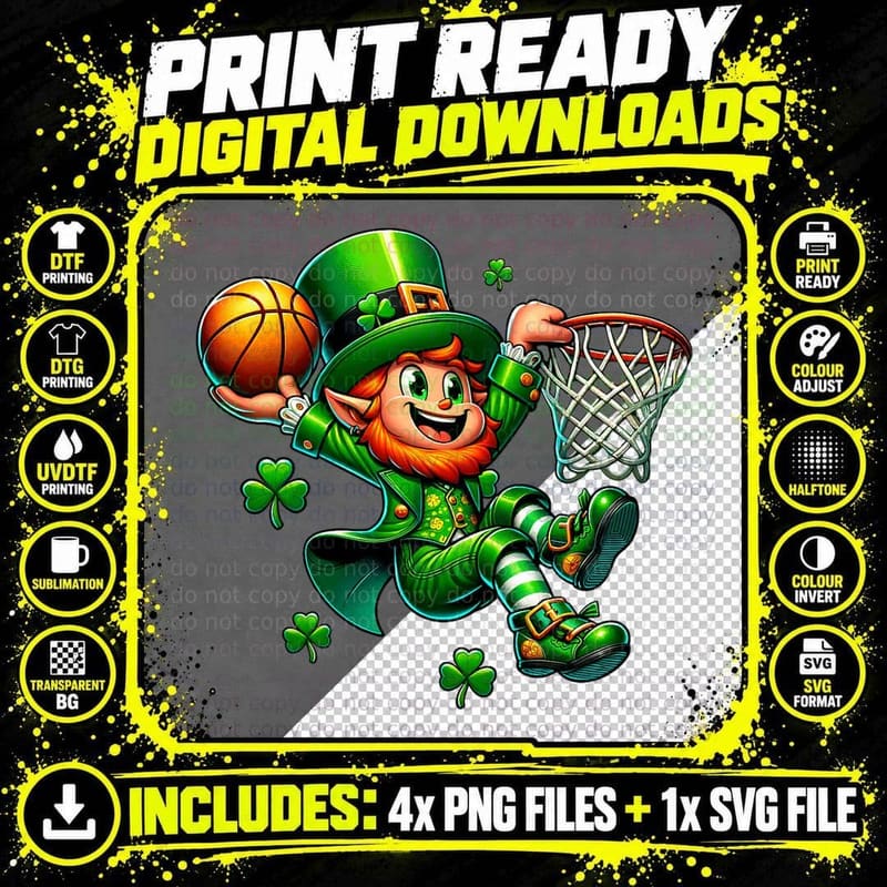St Patrick's Day Basketball Irish Leprechaun Slam Dunk Png SVG Digital Bundle