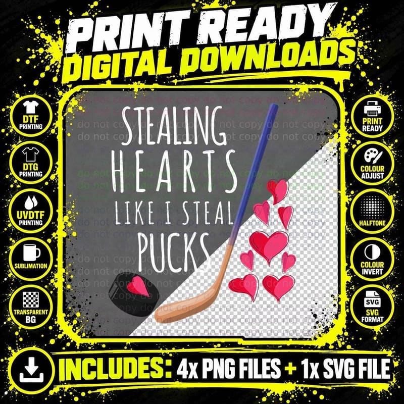 Stealing Hearts Like I Steal Pucks Ice Hockey Valentines Png SVG Digital Bundle