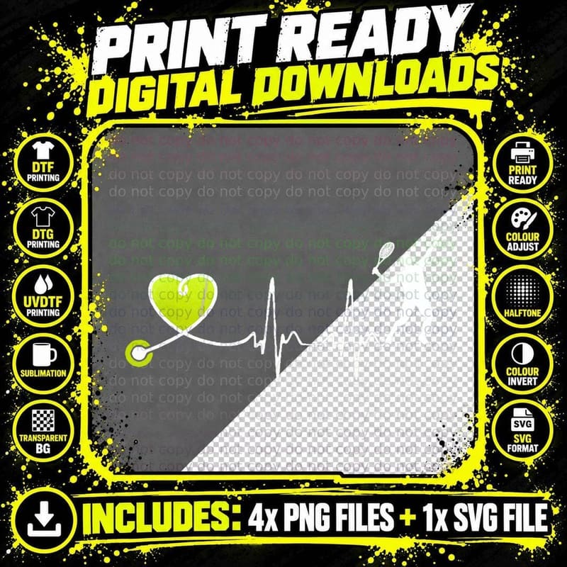 Tennis Heartbeat Player Girls Boys Design Tennis Ball Png SVG Digital Bundle