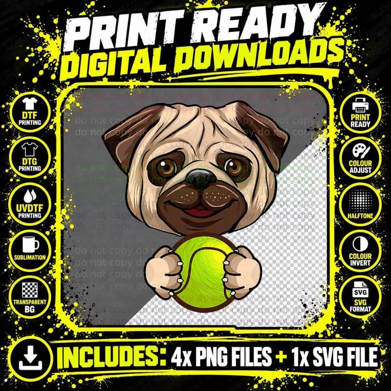 Tennis Lover Cute Giant Pug Mania Unique Funny Gifts Png SVG Digital Bundle