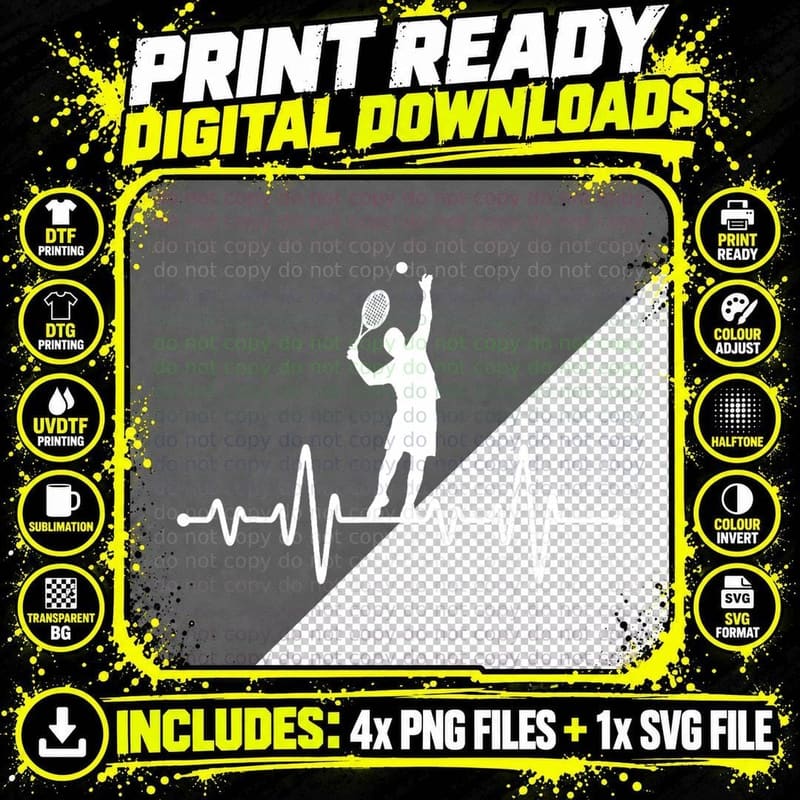 Tennis Player Heartbeat Tennis Coach Gift Mens & T-Shirt Png SVG Digital Bundle