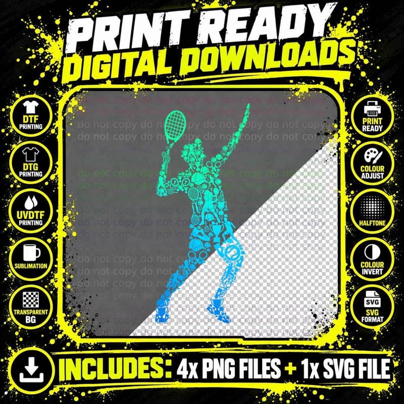 Tennis Player Silhouette T-Shirt, Teal Gradient Icon Png SVG Digital Bundle