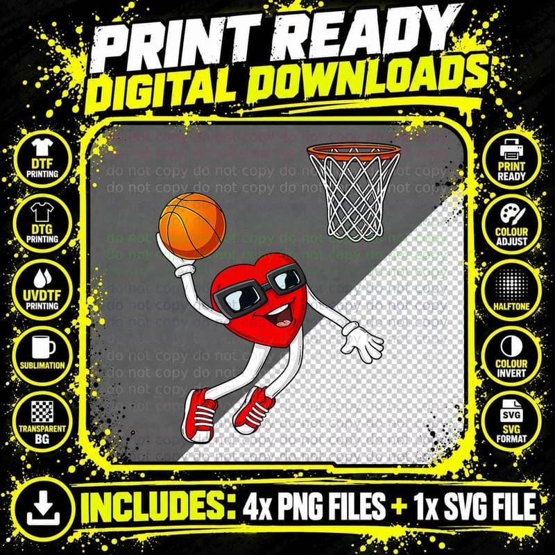 Valentines Day Heart Dunking Basketball Boys Girls Kids Png SVG Digital Bundle