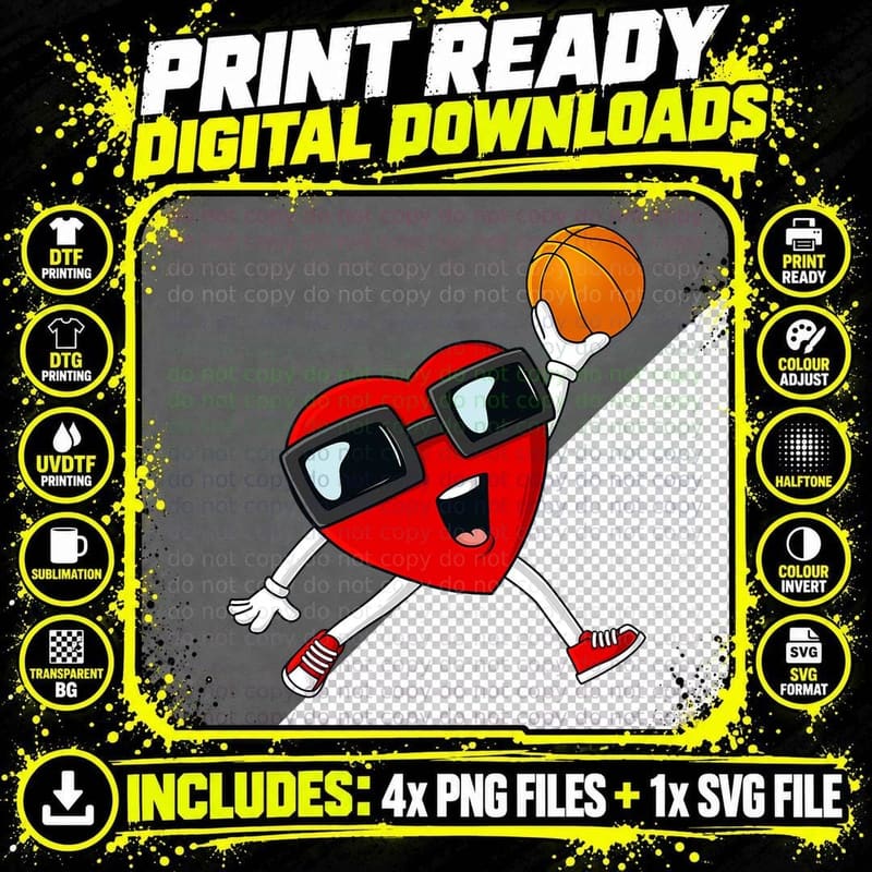 Valentines Day Heart Dunking a Basketball Boys Girls Png SVG Digital Bundle