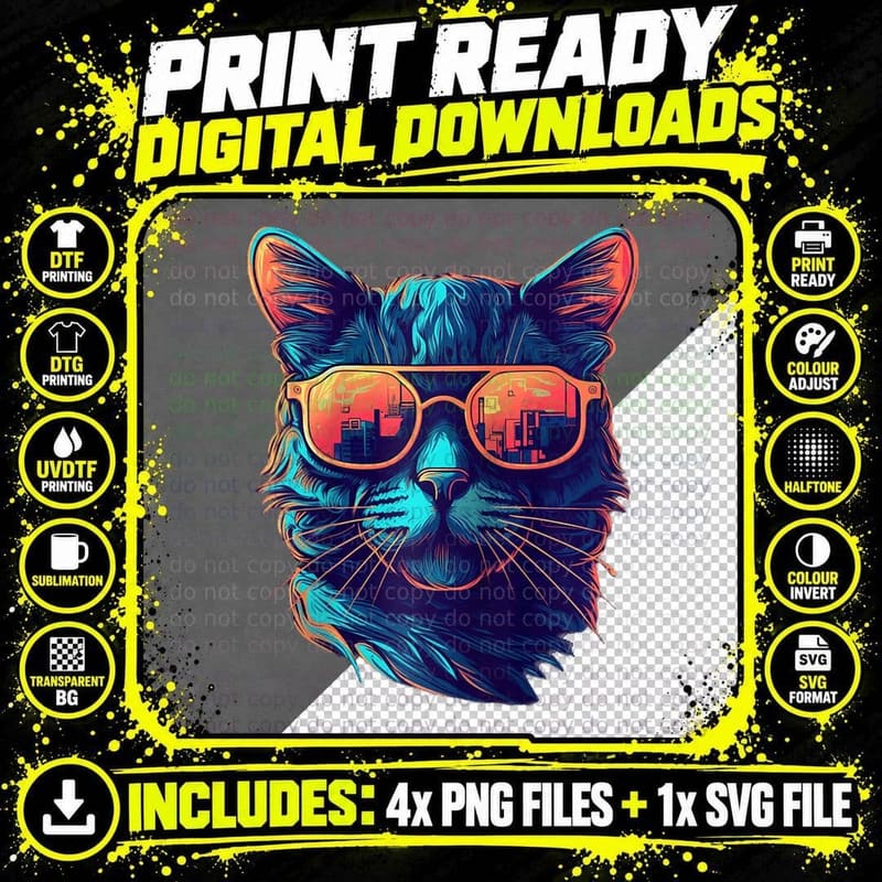 Vaporwave Cat with Glasses Gift T-Shirt Png SVG Digital Bundle