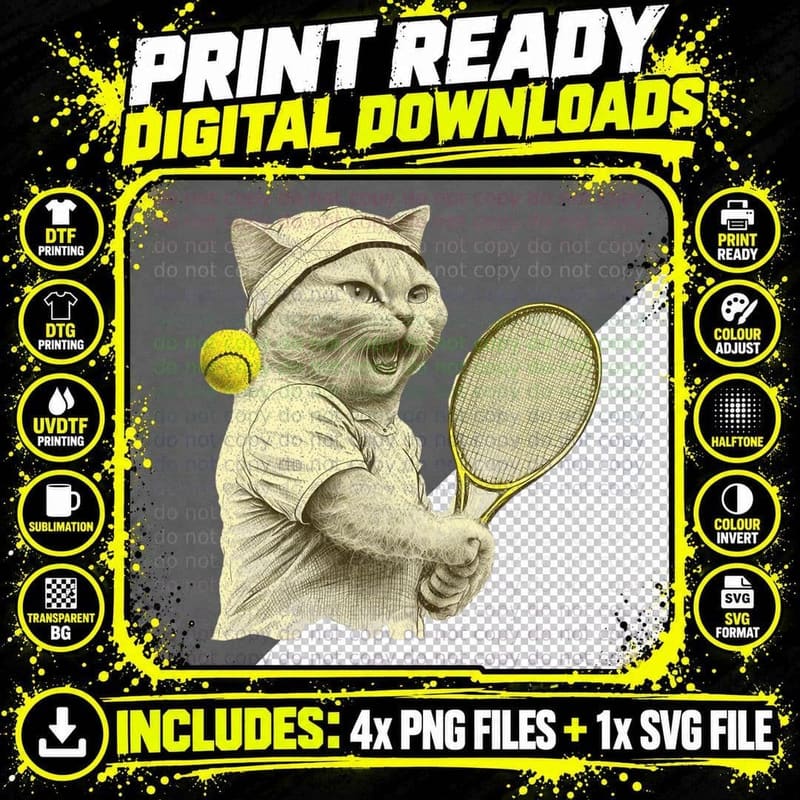 Vintage Cat Playing Tennis Racquet, Kitties Lover T-Shirt Png SVG Digital Bundle