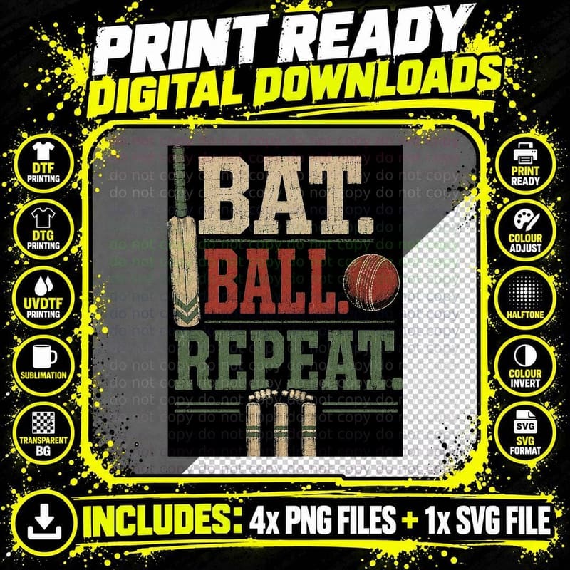 Vintage Cricket Bat Ball Repeat Player Sports Halftone Png SVG Digital Bundle