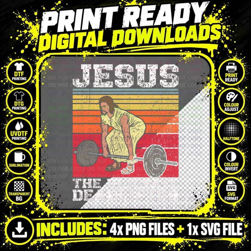 Vintage Jesus the Ultimate Deadlifter Funny Gym Png SVG Digital Bundle
