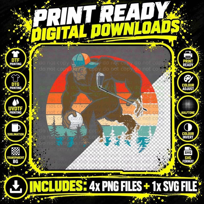 Vintage Retro Bigfoot Playing Golf Cool Bigfoot Golf Png SVG Digital Bundle