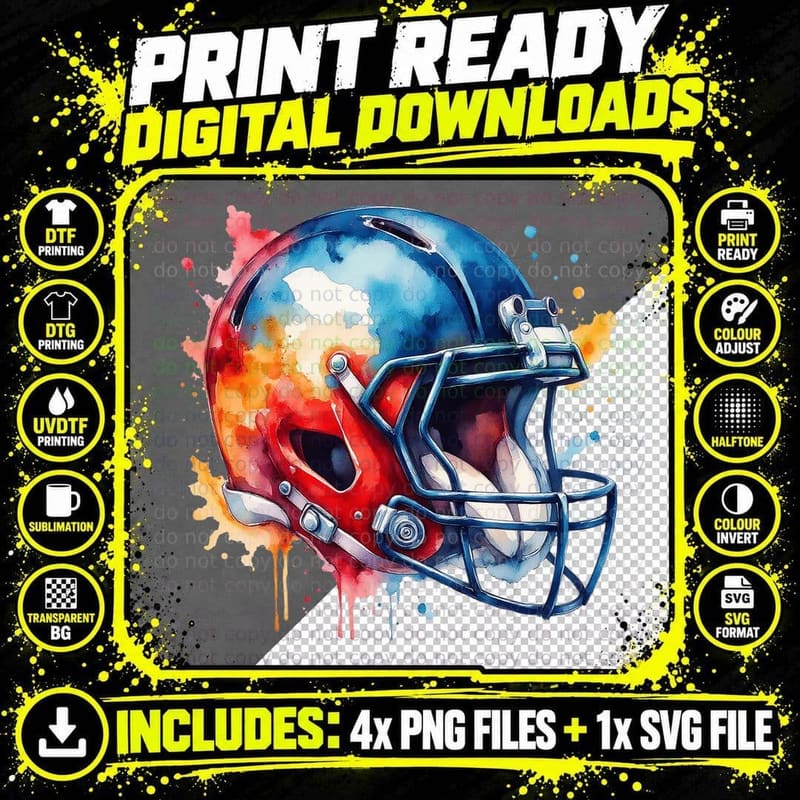 American Football Helmet Watercolor Art Game Day Sports Png SVG Digital Bundle