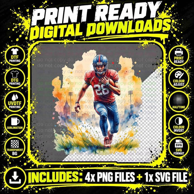 American Football Player Running Game Action Art T-Shirt Png SVG Digital Bundle