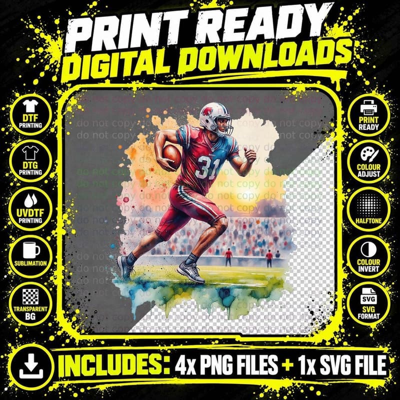 American Football Player Running Game Day Sports Fan Dad Png SVG Digital Bundle