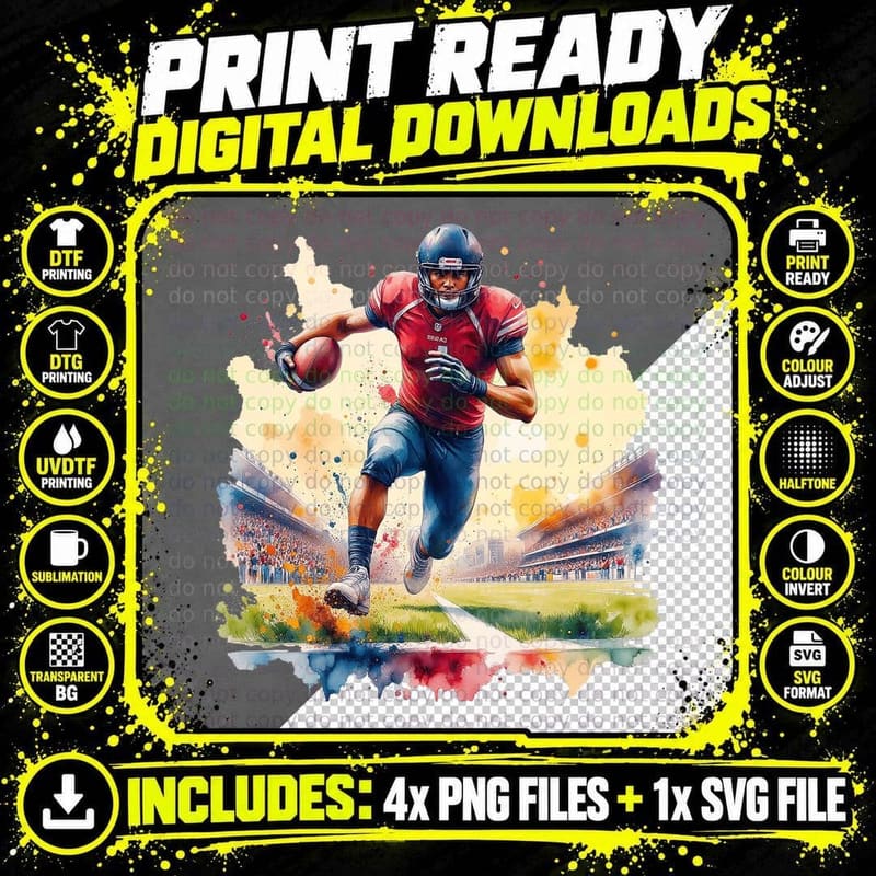American Football Player Running Game Day Sports Fan Png SVG Digital Bundle