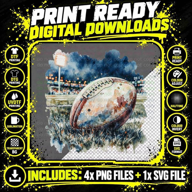 American Football Watercolor Night Game Stadium Sports Png SVG Digital Bundle