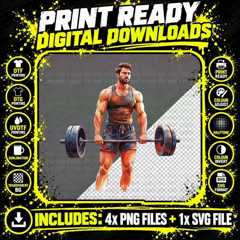 Barbell Weightlifting Gym Fitness Workout Strong Man Png SVG Digital Bundle