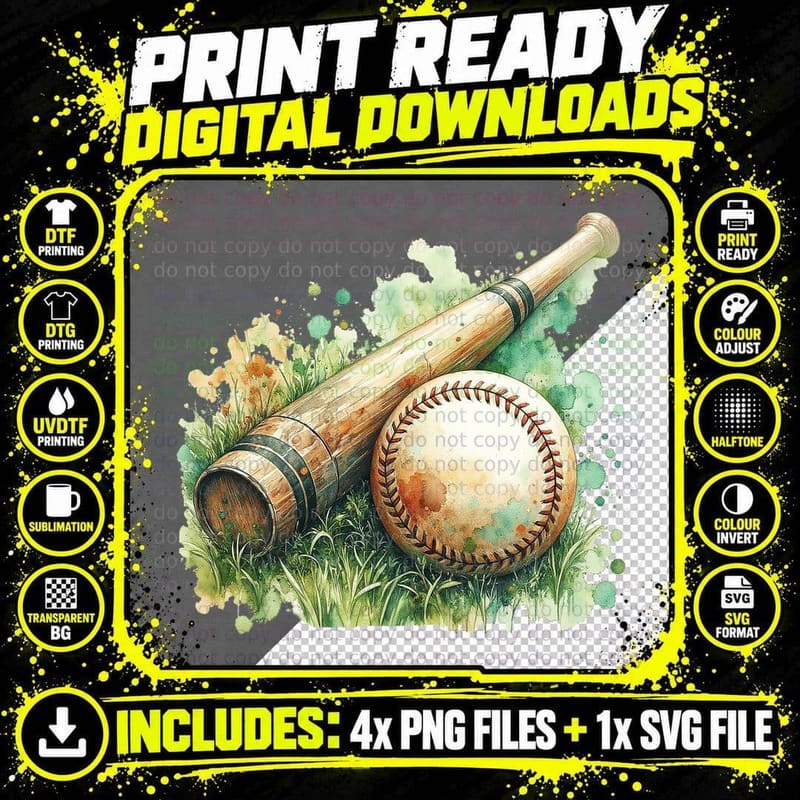 Baseball Bat Ball Watercolor Art Player Game Field Grass Png SVG Digital Bundle