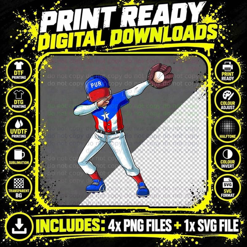 Baseball Dabbing Puerto Rico Player Catcher Pitcher Men Png SVG Digital Bundle