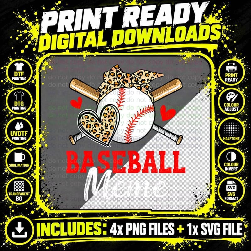 Baseball Meme Leopard Heart Funny Mother's Day Girls Png SVG Digital Bundle