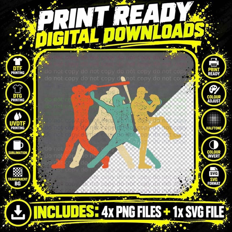 Baseball Retro Vintage Catcher Pitcher Batter Boys Men Png SVG Digital Bundle